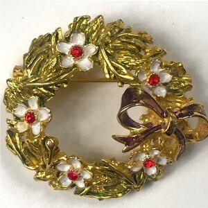 Vintage Charming Tone Gold Floral Christmas Brooch with Red and White Details